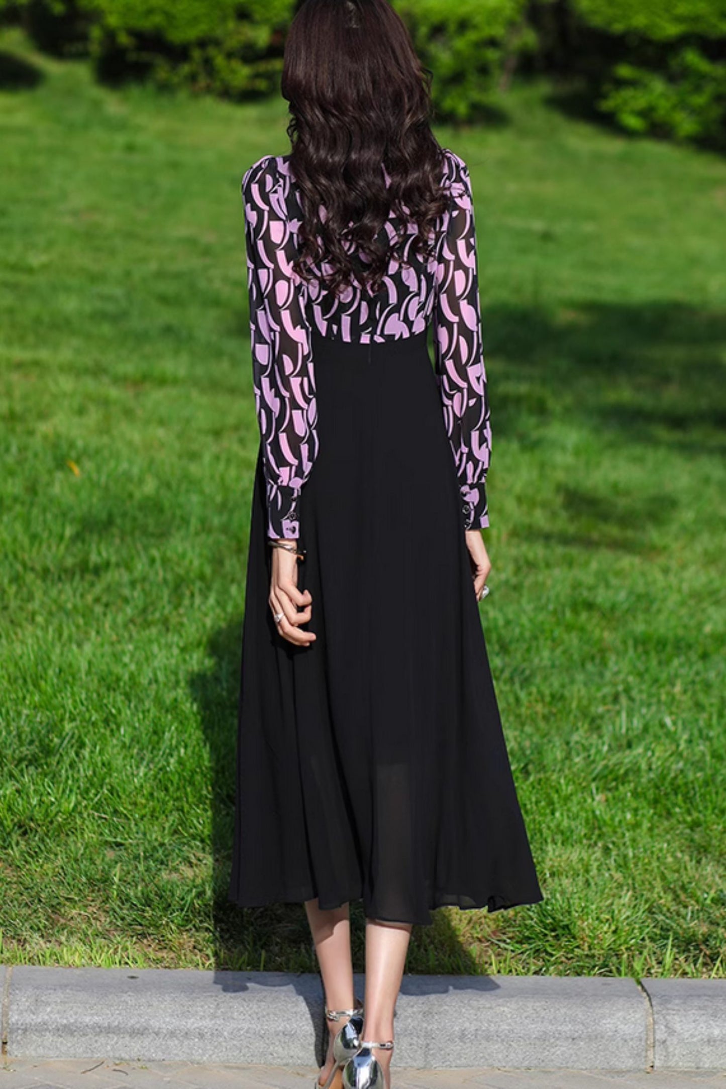 Long sleeves patchwork summer prom chiffon dress 5080