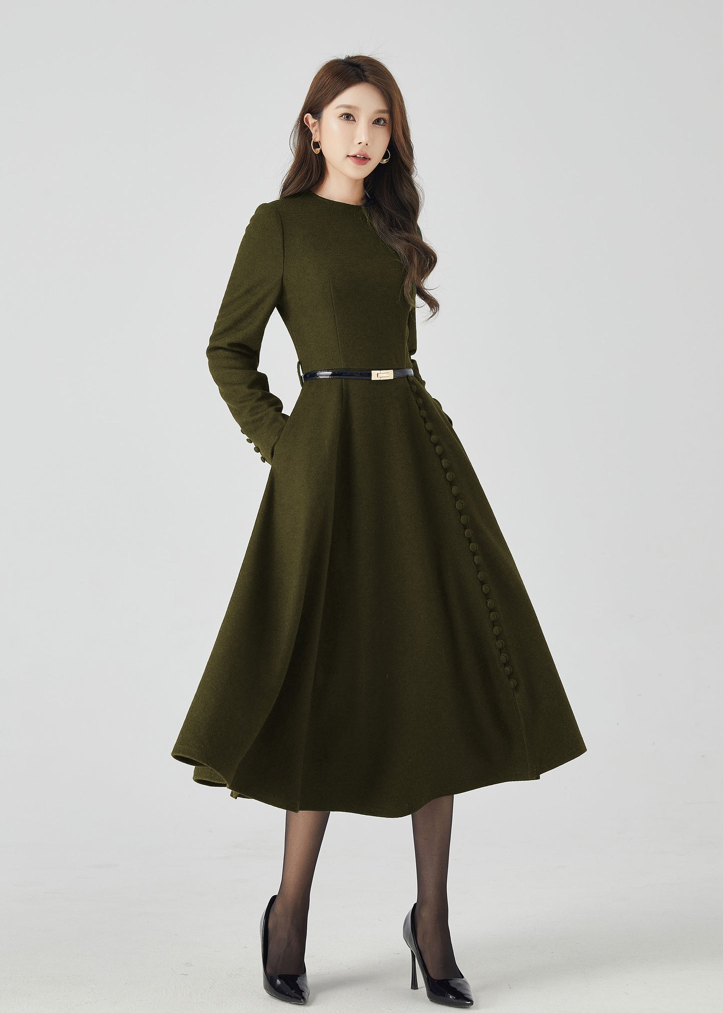 Dark Green Wool Midi Dress – Long Sleeve A-Line Winter Dress with Pockets 5500