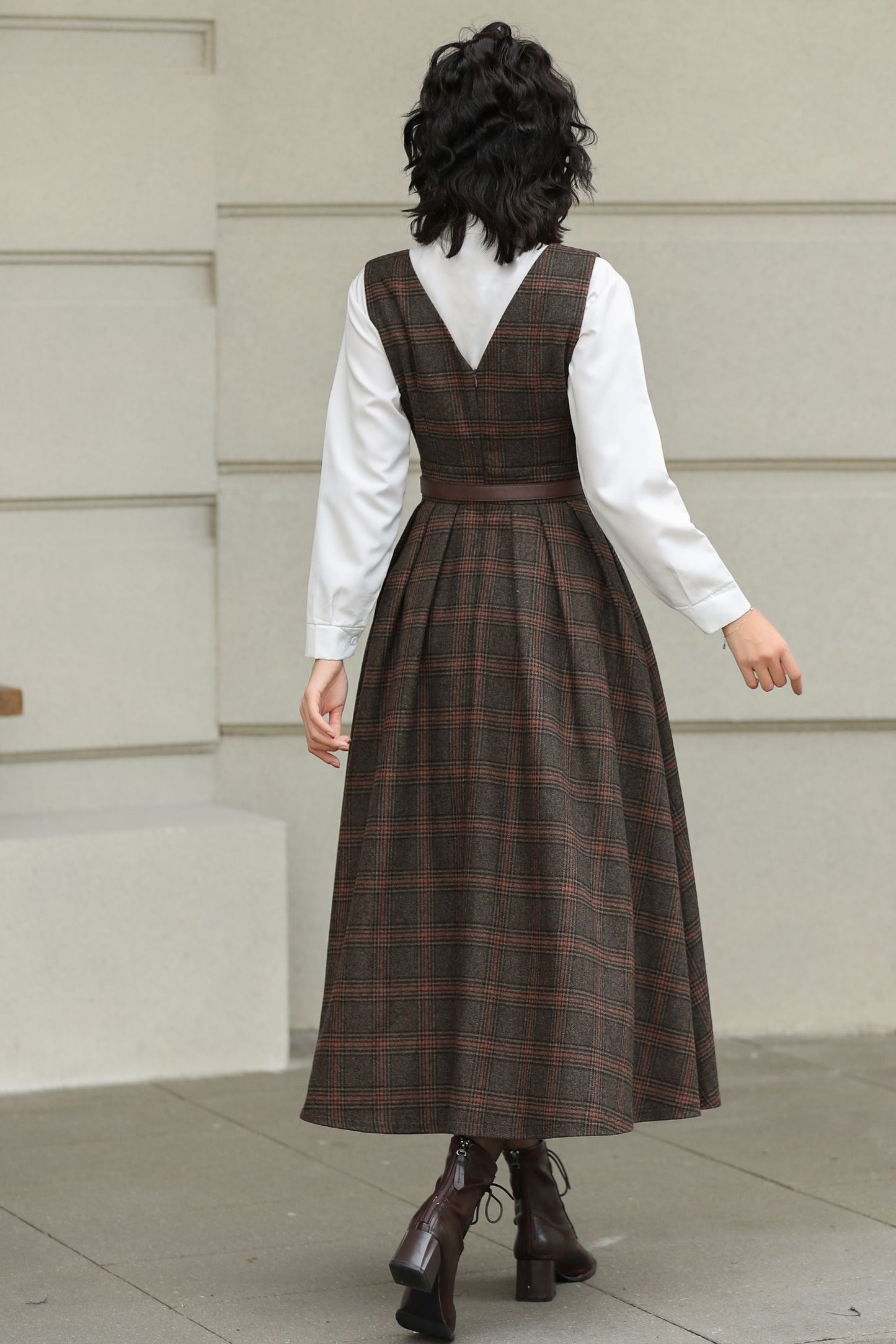 Brown Plaid Wool Midi Dress – Vintage Sleeveless Pinafore Swing Dress 6417