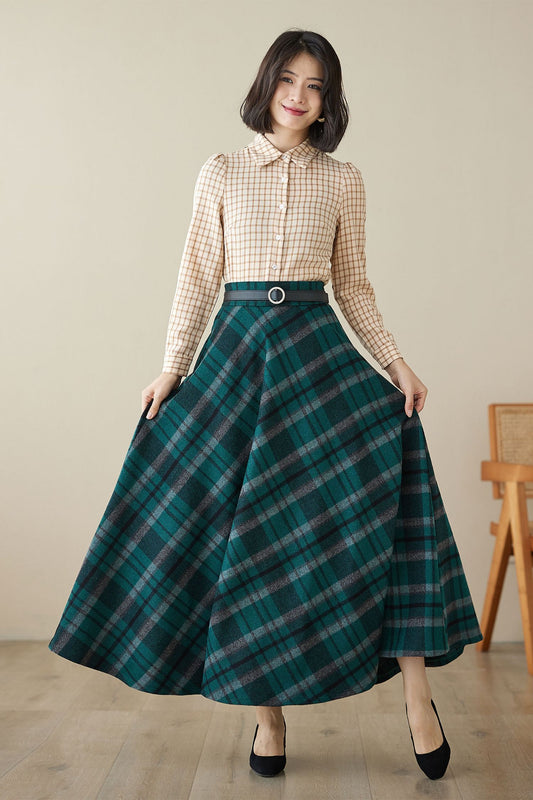 Handmade Deep Green Plaid Wool Maxi Skirt – High Waist A-line Winter Long Skirt | Xiaolizi 4628