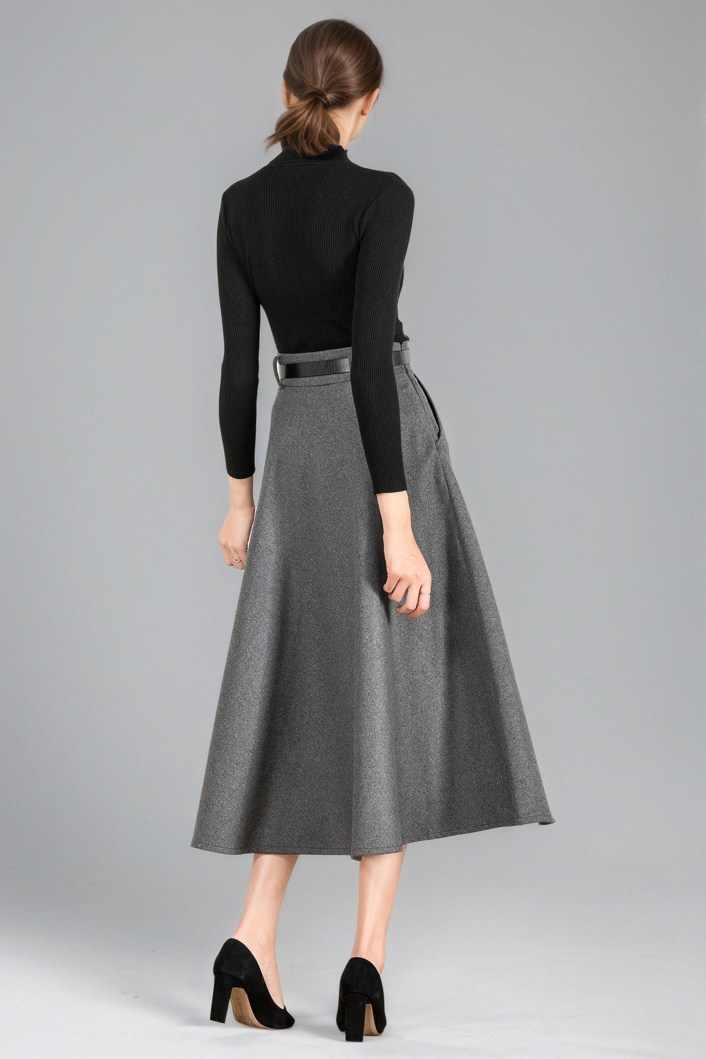 Classic A-Line Skirt in Gray Wool – High-Waist Belted Midi – 6354