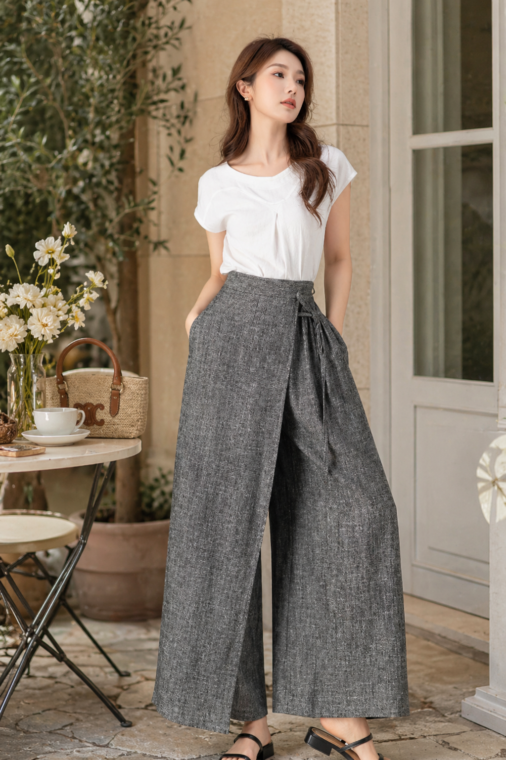 Gray Linen Cotton Wide Leg Pants - Asymmetrical Wrap | Xiaolizi