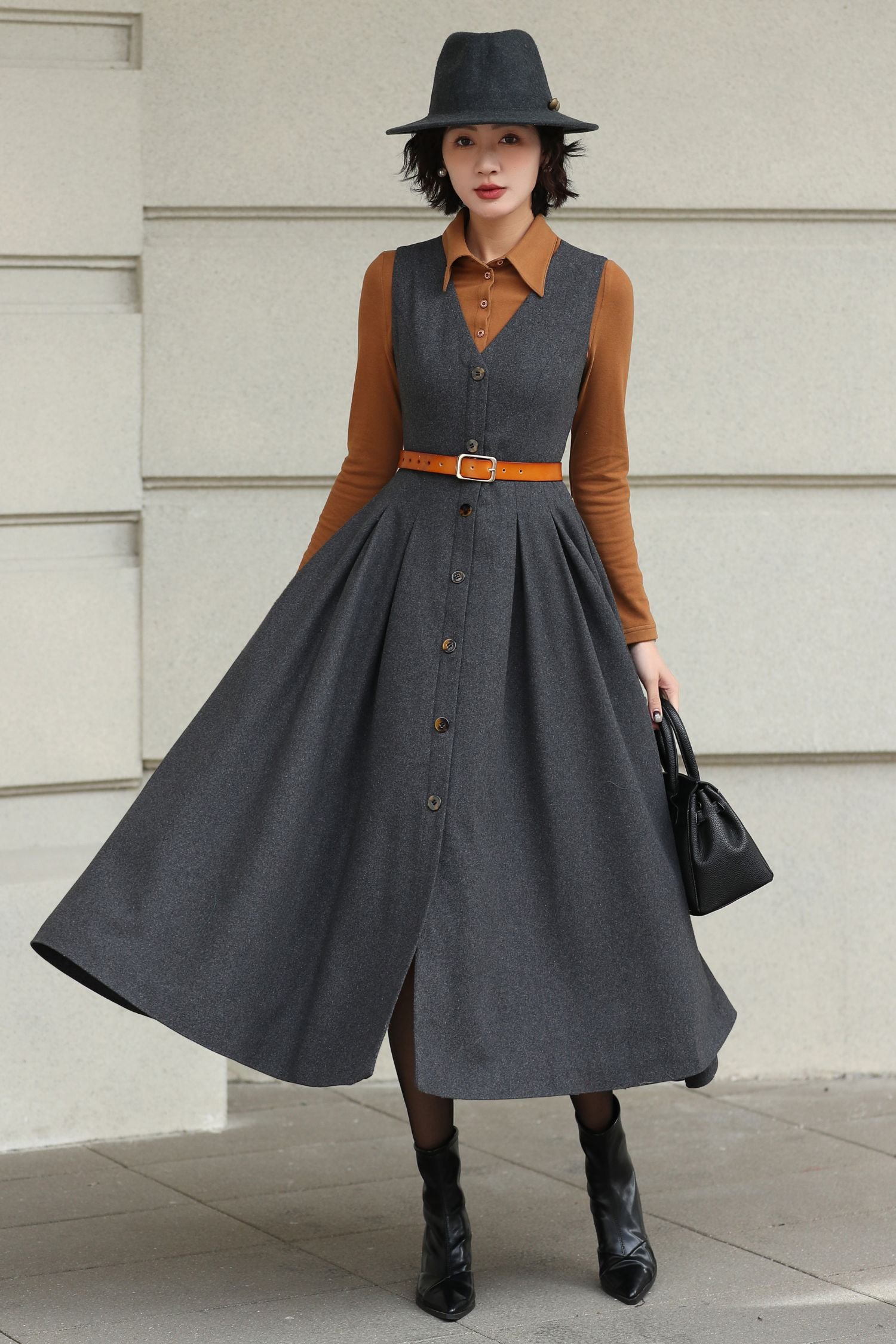 wool pinafore dress Gray Midi with Sleeveless Flared Silhouette Gray / XS Discover the cozy plaid wool midi pinafore dress featuring a vintage V Wool Blend Pinafore in Apple