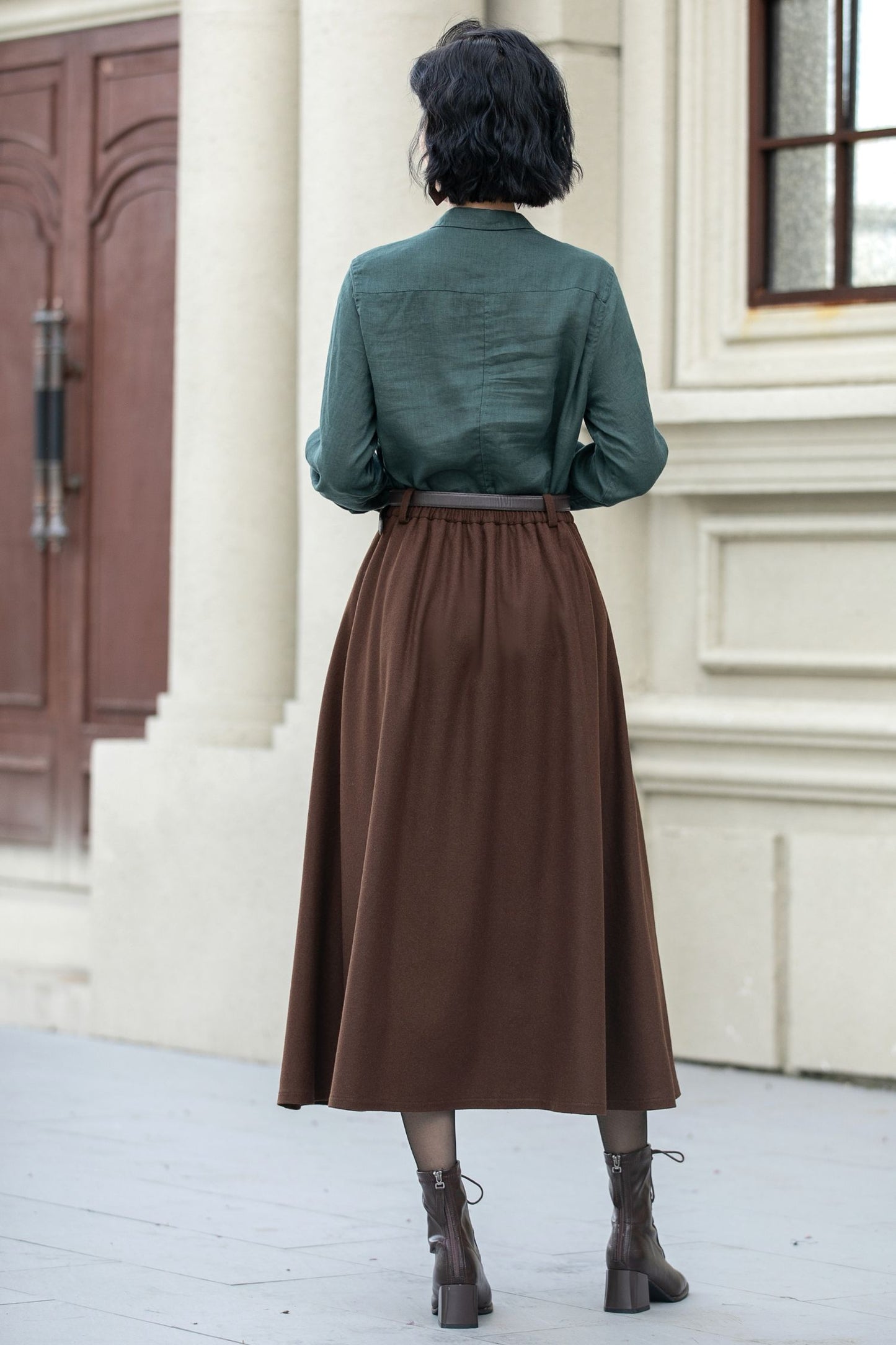 A line brown midi wool skirt women 5356