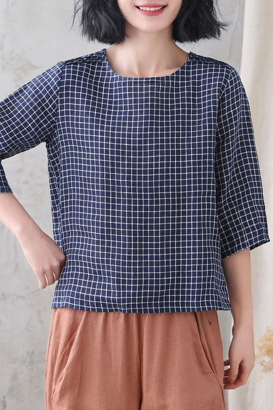 Navy Check Linen Blouse – Loose Fit Summer Top with 3/4 Sleeves 3336