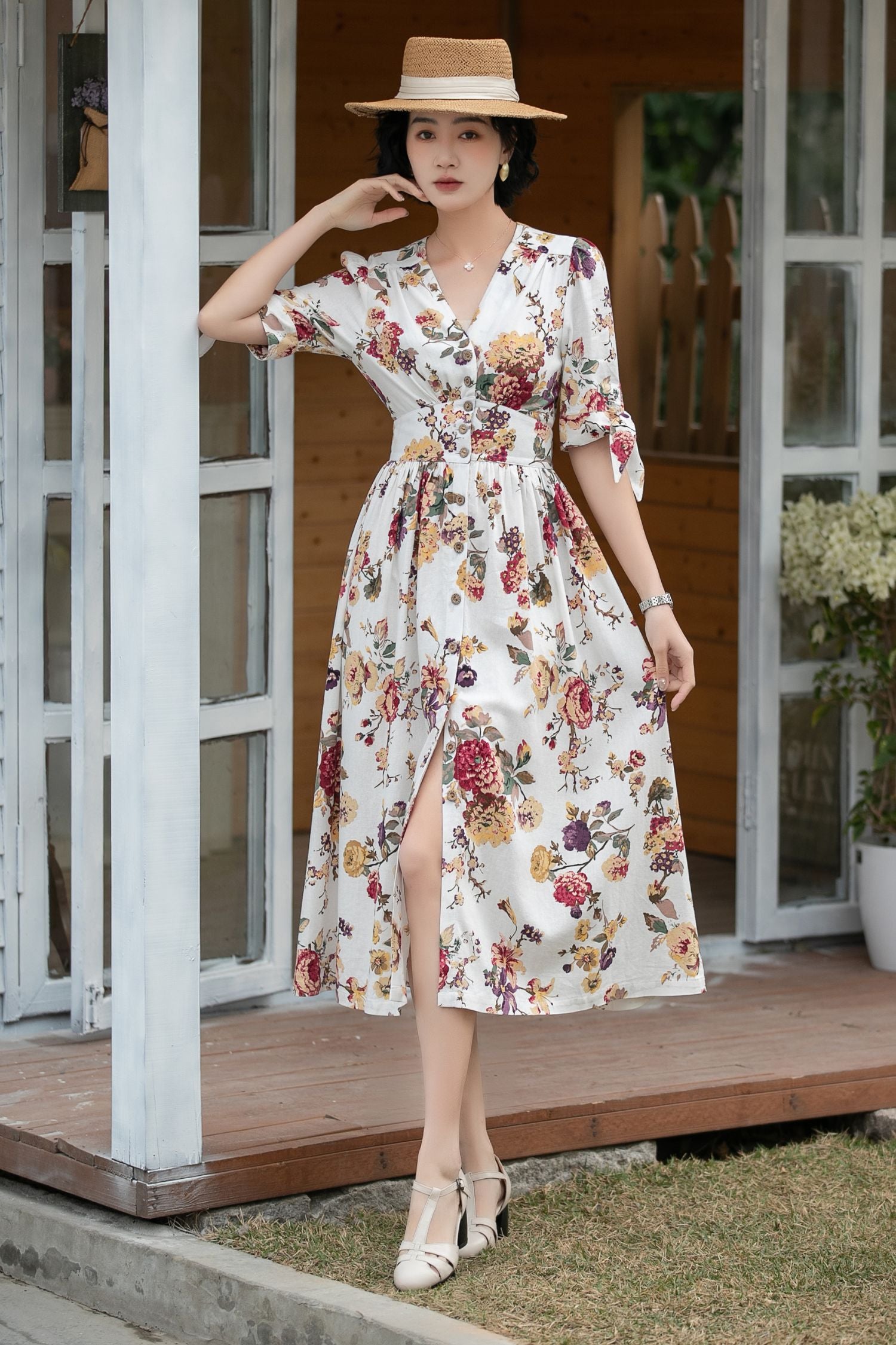 summer floral linen dress Cream White Embroidered Wrap Dress Handmade Linen Cotton Summer Midi 5835 Cream White / Custom order