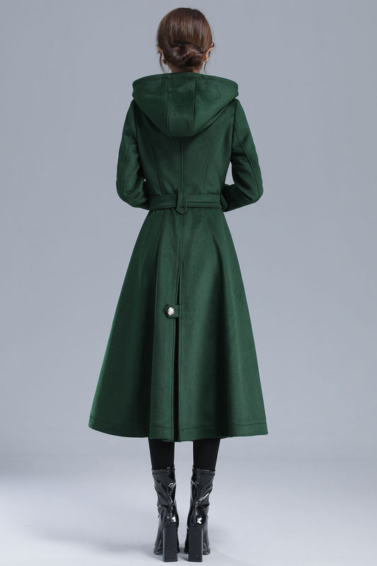 Emerald Green Wool Trench Coat - Hooded, Double Breasted, Mid-Calf Length 3212