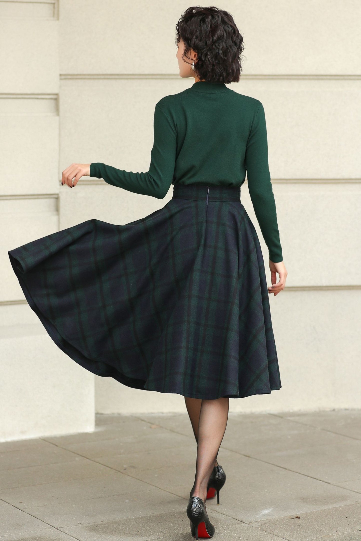 Knee length plaid winter wool skirt 6511