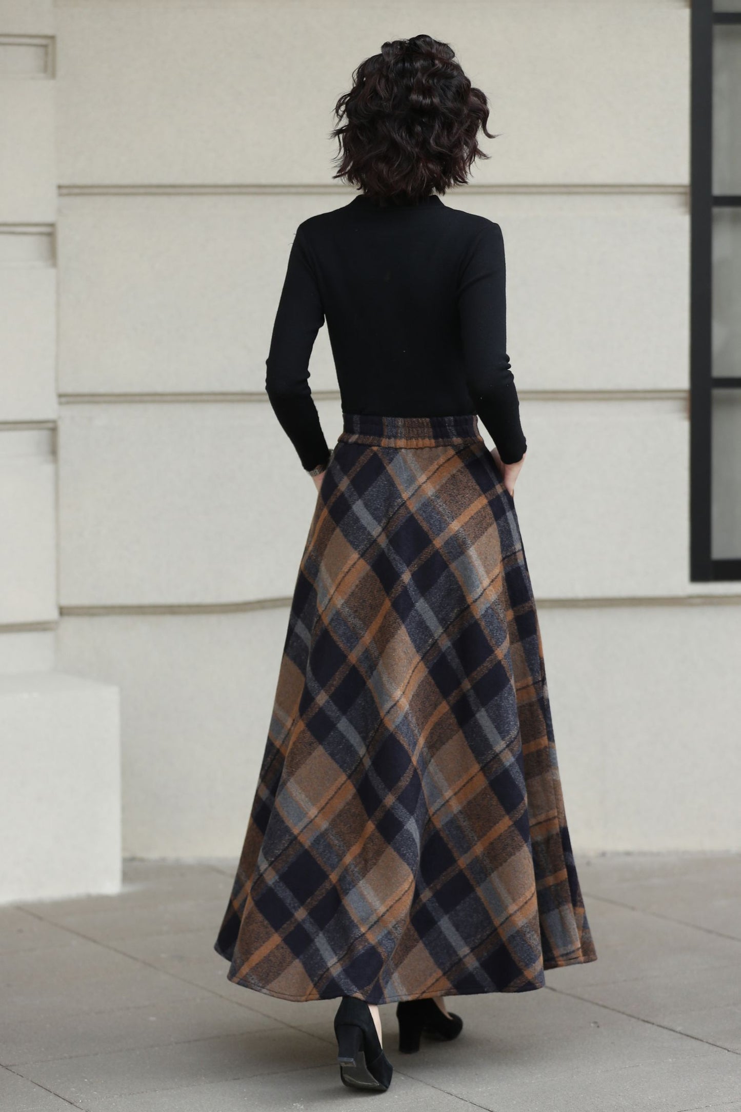Xiaolizi Plaid Wool Maxi Skirt for Women – Handmade A-Line Winter Full-Length Skirt 6605