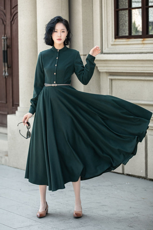 Dark green maxi winter wool dress 5314