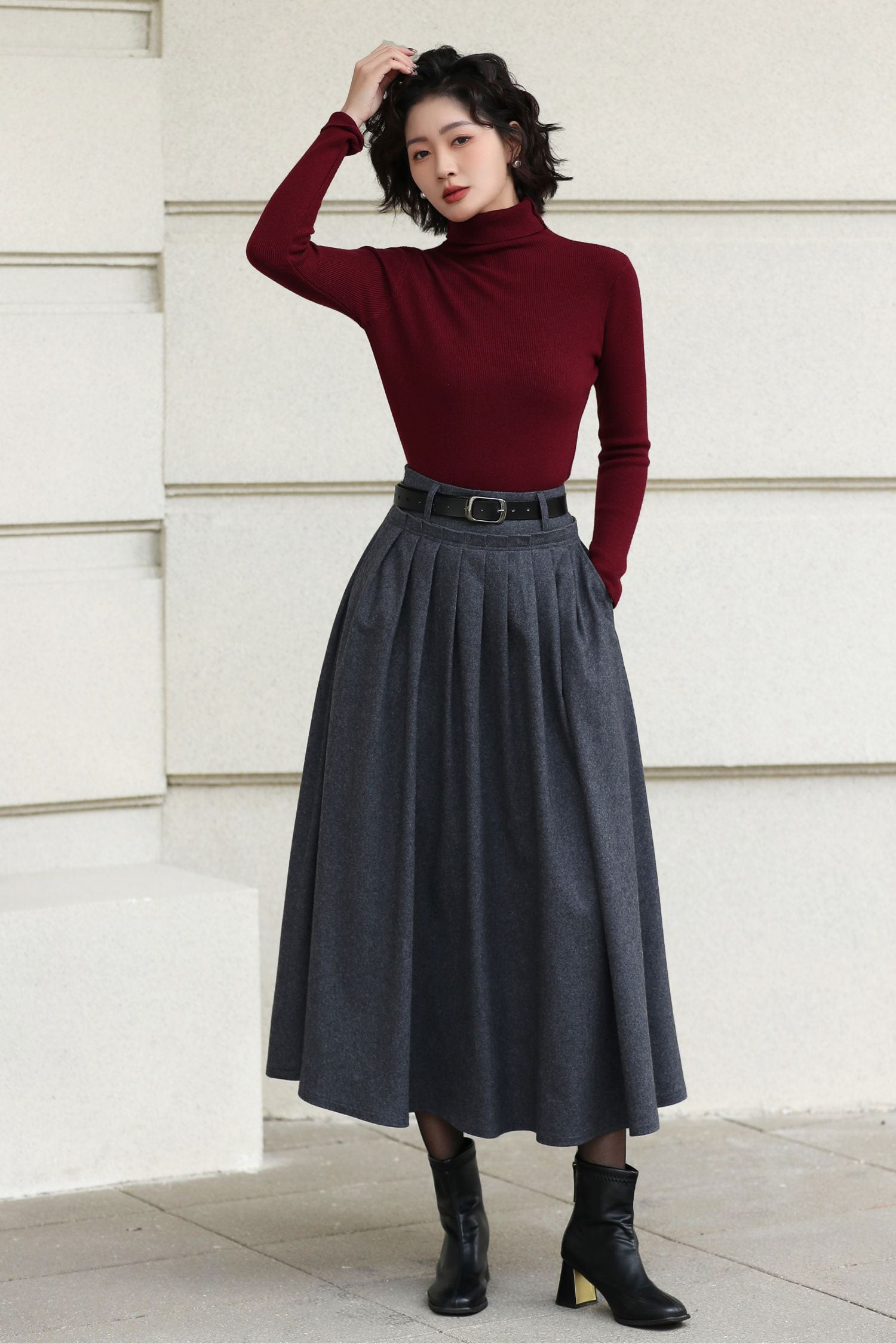 Handmade Vintage Wool Skirt – Gray Pleated Midi Winter | Xiaolizi