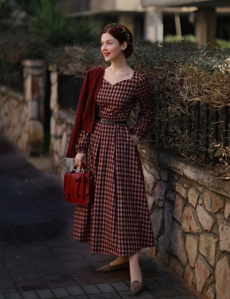 Retro Wool Plaid Dress – Elegant Long Sleeve Winter Midi Outfit 4139