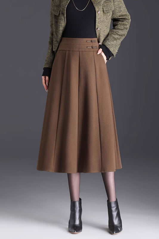 Elegant Brown Wool Skirt – Handmade A-Line Midi, Lined & With Pockets | Xiaolizi 4745