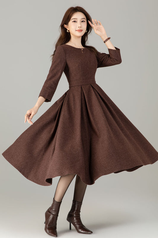 Vintage Wool Blend Midi Dress – Handmade Fit and Flare Winter Dress with Pockets | Xiaolizi 6495