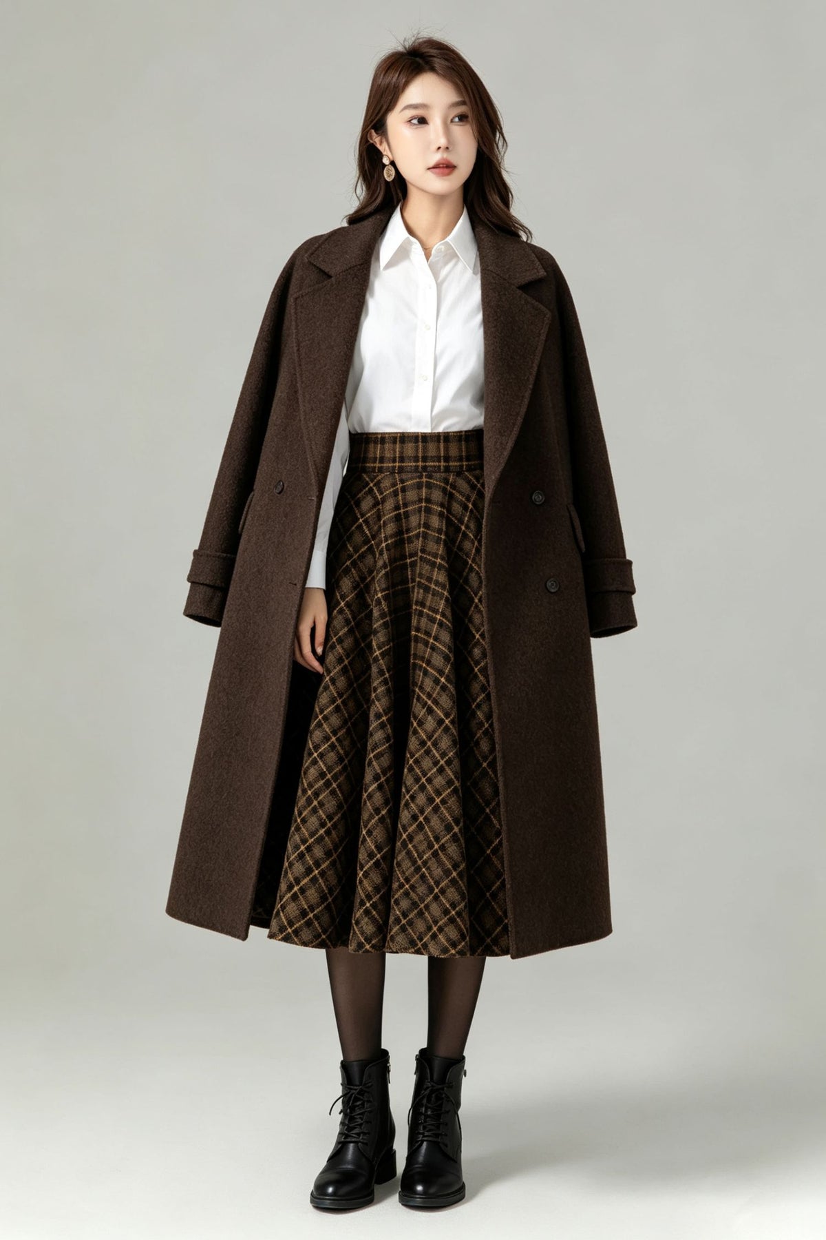 Vintage Brown Plaid Wool Swing Midi Skirt-High Waist Flared Skirt with Pockets 7013