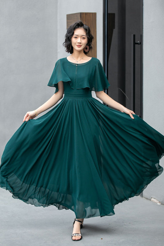 Sleeveless chiffon maxi womens cape dress 5861