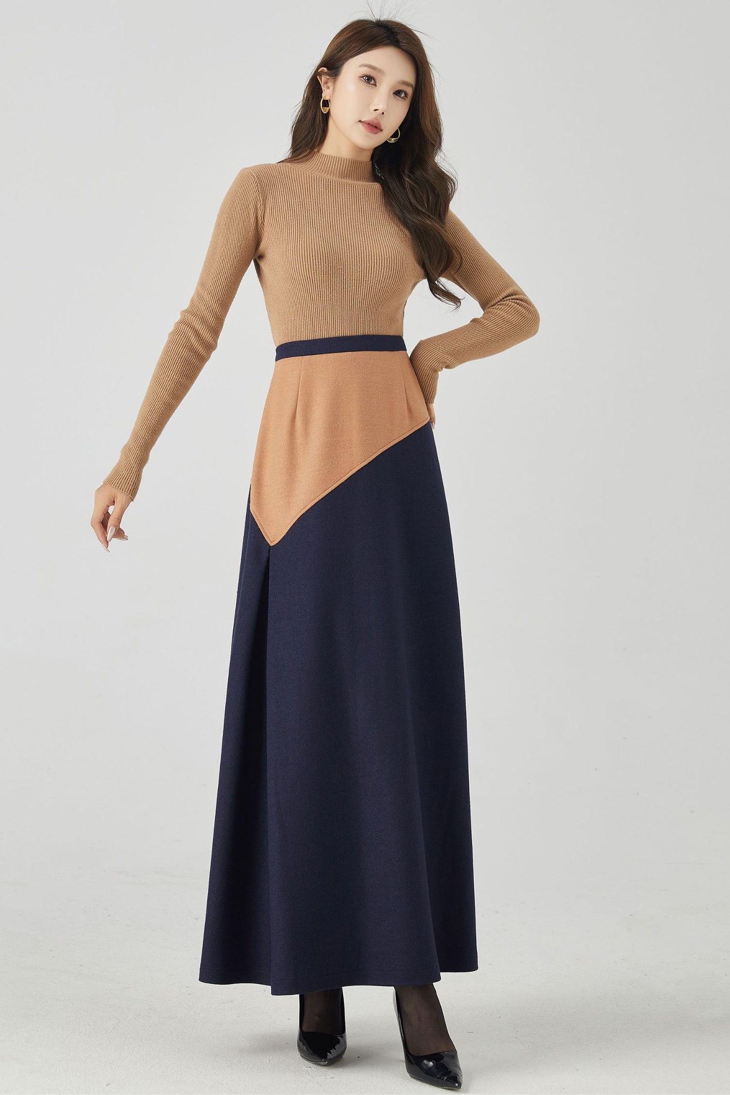 Patchwork a line long wool skirt women 4537-Size XS #CK2300915