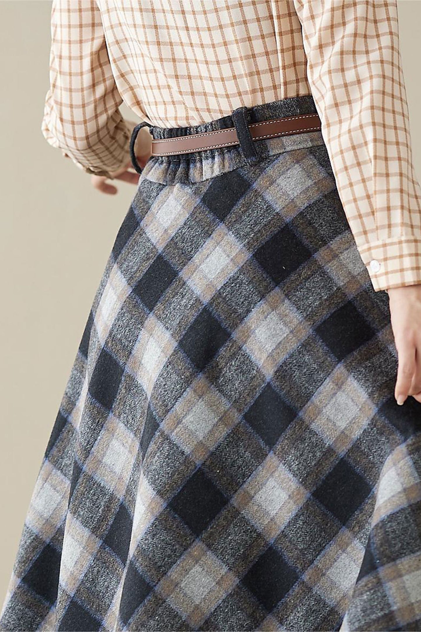 Blue Gray Plaid Wool Maxi Skirt – High Waist A-Line Winter Skirt for Women 5262