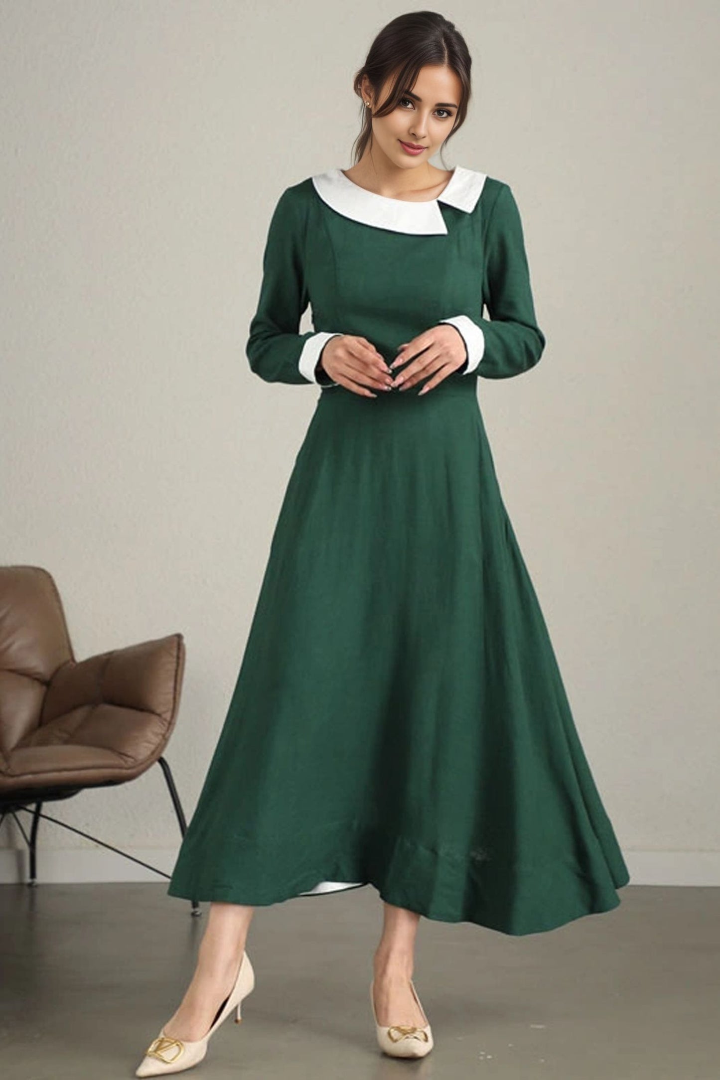Xiaolizi Handmade Green Linen Maxi Dress – Vintage Long Sleeve A-Line Dress 6341