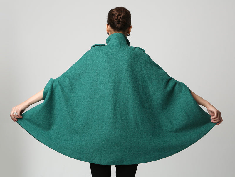 Green Wool Cape Coat for Women – Stand Collar Winter Cloak with Pockets, Xiaolizi 1129