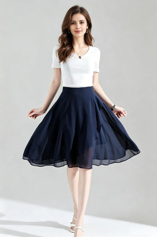 Navy Blue Chiffon Skirt with High Waist and Asymmetric Hem 6868