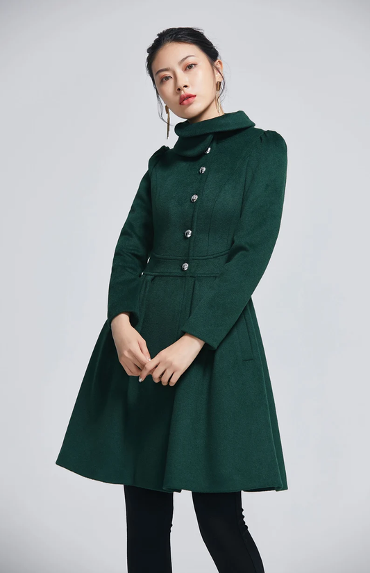 Dark Green Wool Blend Coat – Handmade Short Vintage Winter Jacket 2277