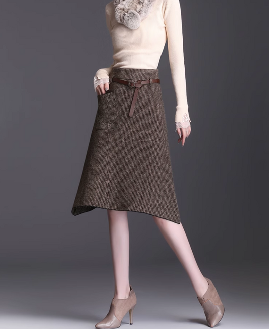 Handmade Brown Knit A-Line Skirt – Asymmetrical Hem with Pockets for Autumn Winter 6134