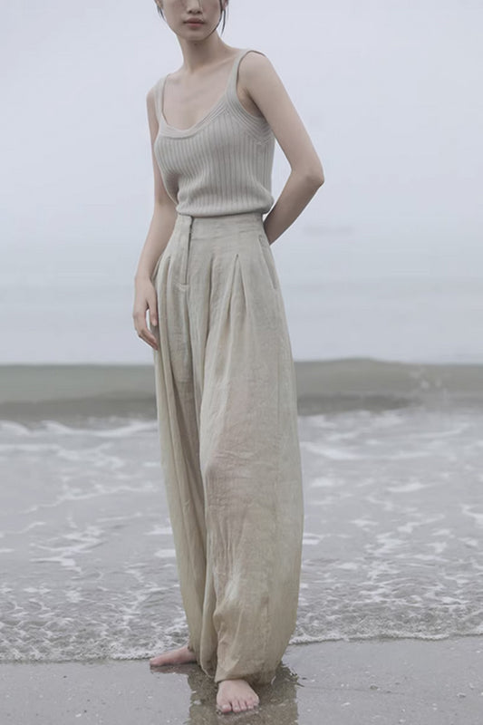 High waisted wide leg linen pants summer 4367