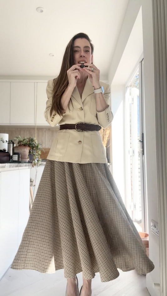 Beige Plaid Cotton A-Line Skirt - Cotton Circle Skirt with Pockets 6947