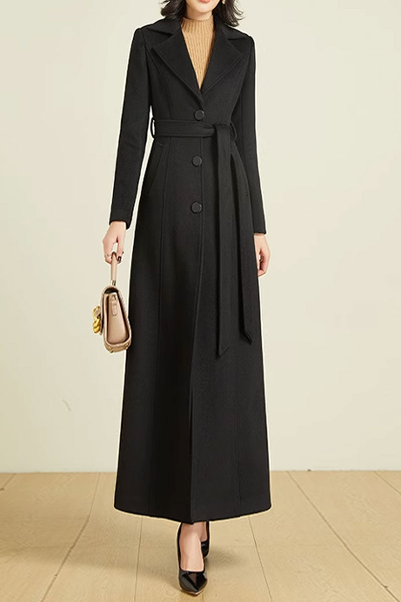 Green Wool Maxi Coat - Belted Waist, Lapel Collar 4590
