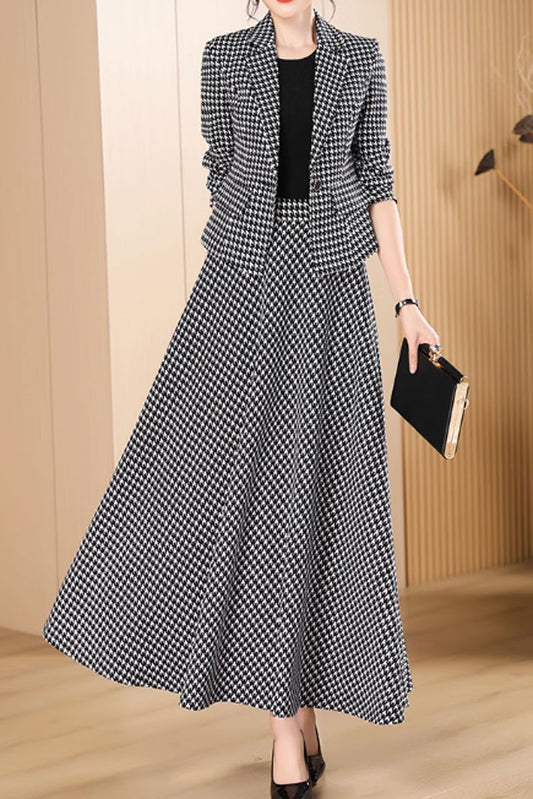 Black and White Polyester Skirt Suit - Fitted Waist Plaid Set 4598