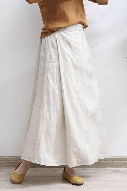 Beige Linen A-Line Skirt with Pockets - Soft Summer Comfort 4352