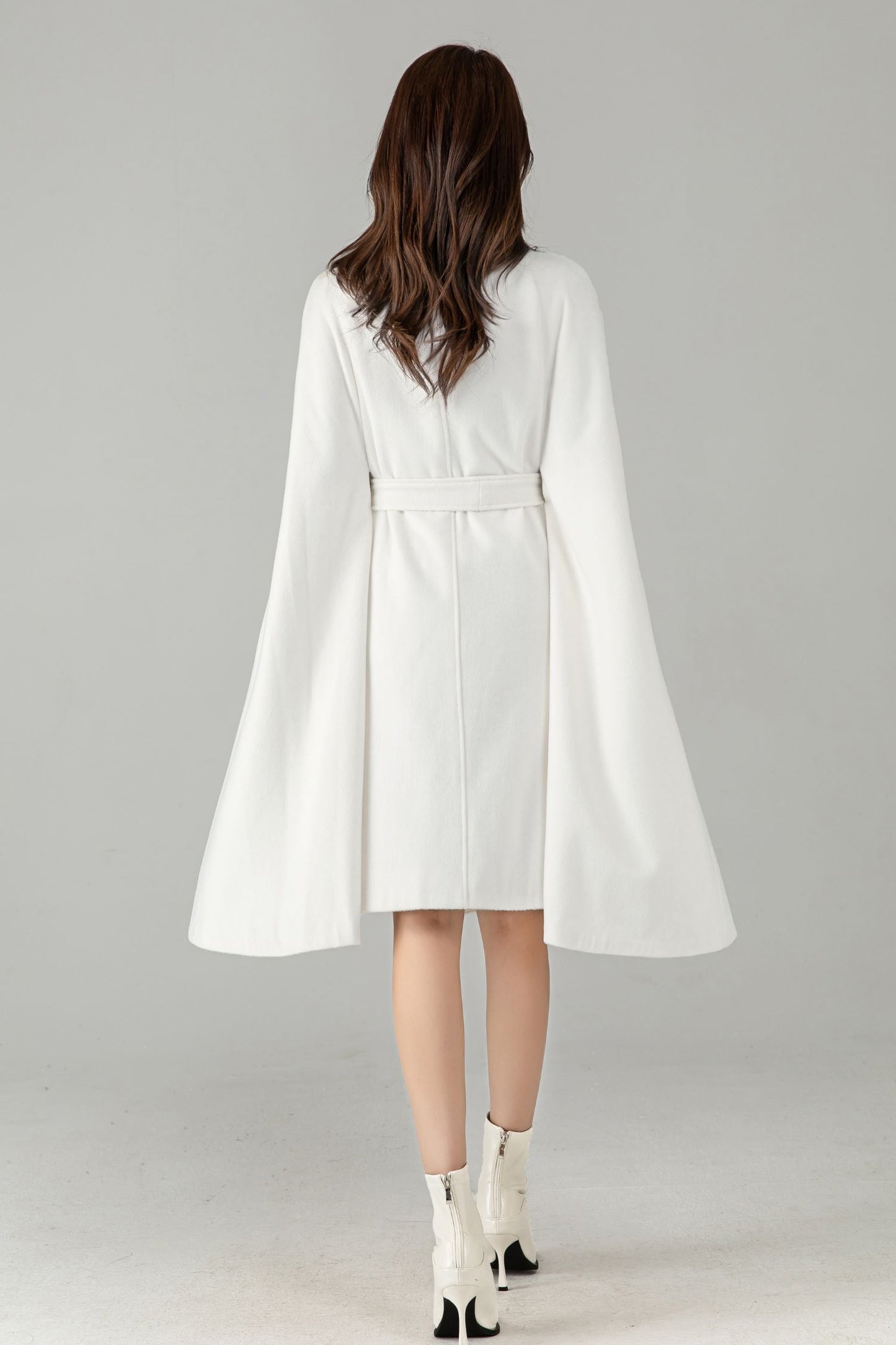 White Wool Cape Coat – Elegant Belted Winter Dress Coat | Xiaolizi 6575