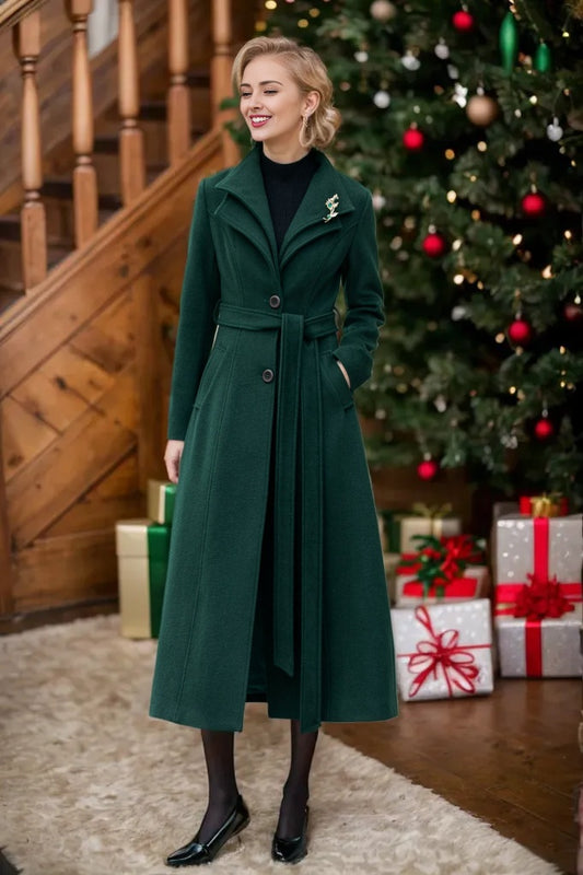 Green long wool trench coat women 5350