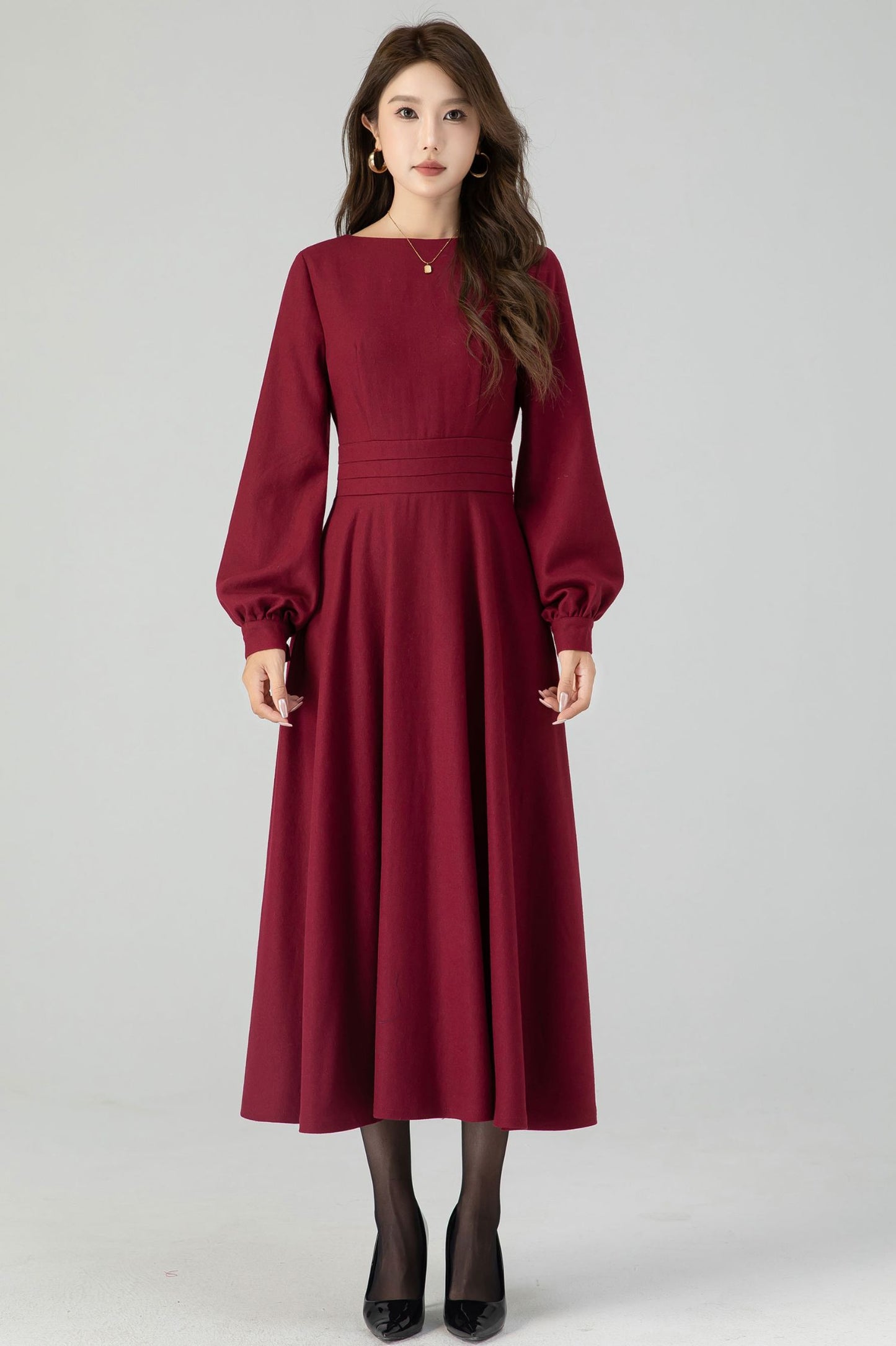 Green Wool Midi Dress - Lantern Sleeve, Swing Silhouette 4550