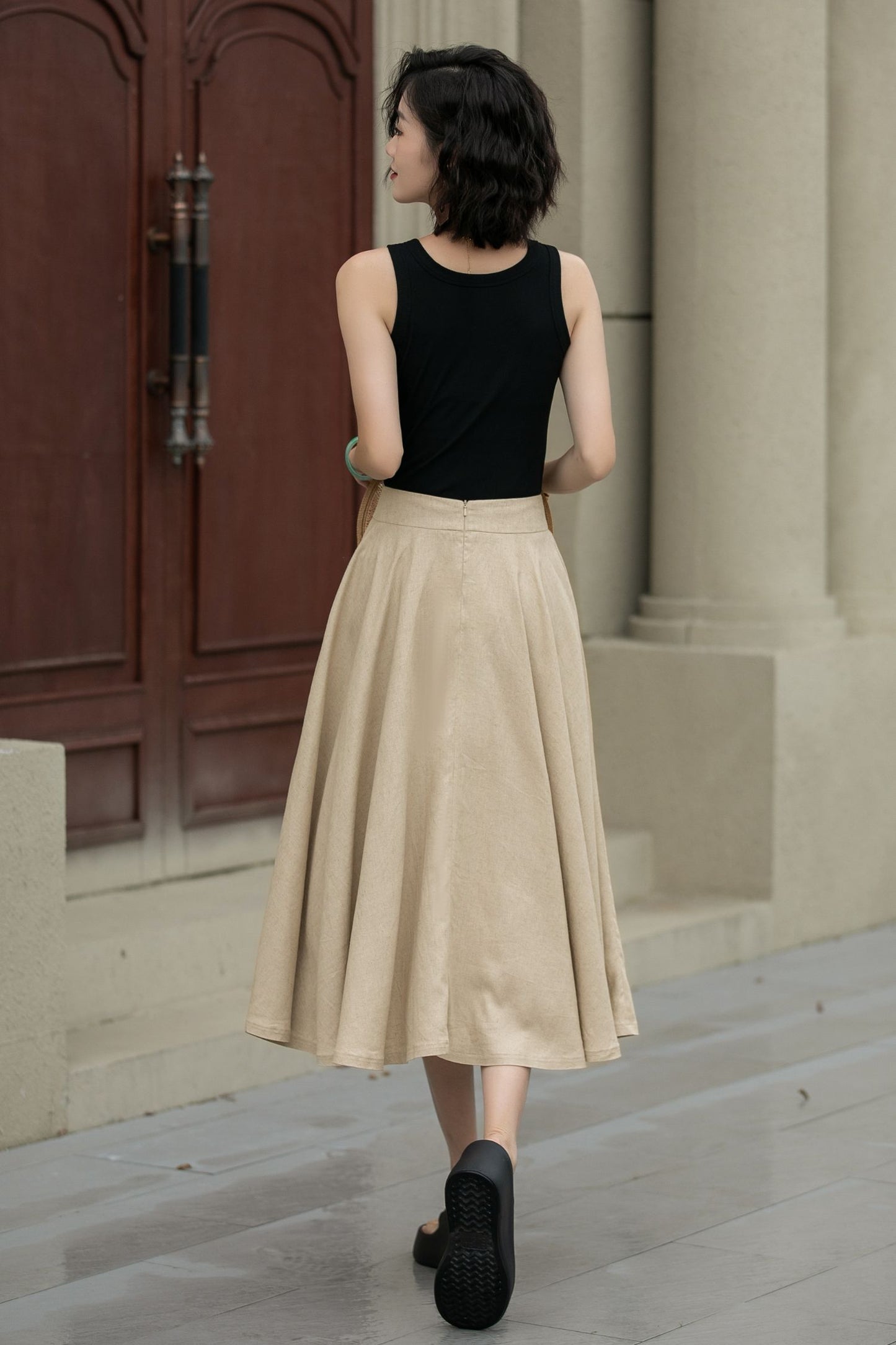 Handmade Linen Swing Skirt – High Waist Pleated Midi Skirt for Spring Summer 5238