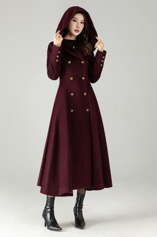 Hooded Burgundy Wool Coat – Elegant Double-Breasted Long Swing Coat | Xiaolizi 6573