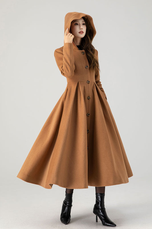 Camel Wool Hooded Coat – Vintage Fit and Flare Long Winter Overcoat 4606