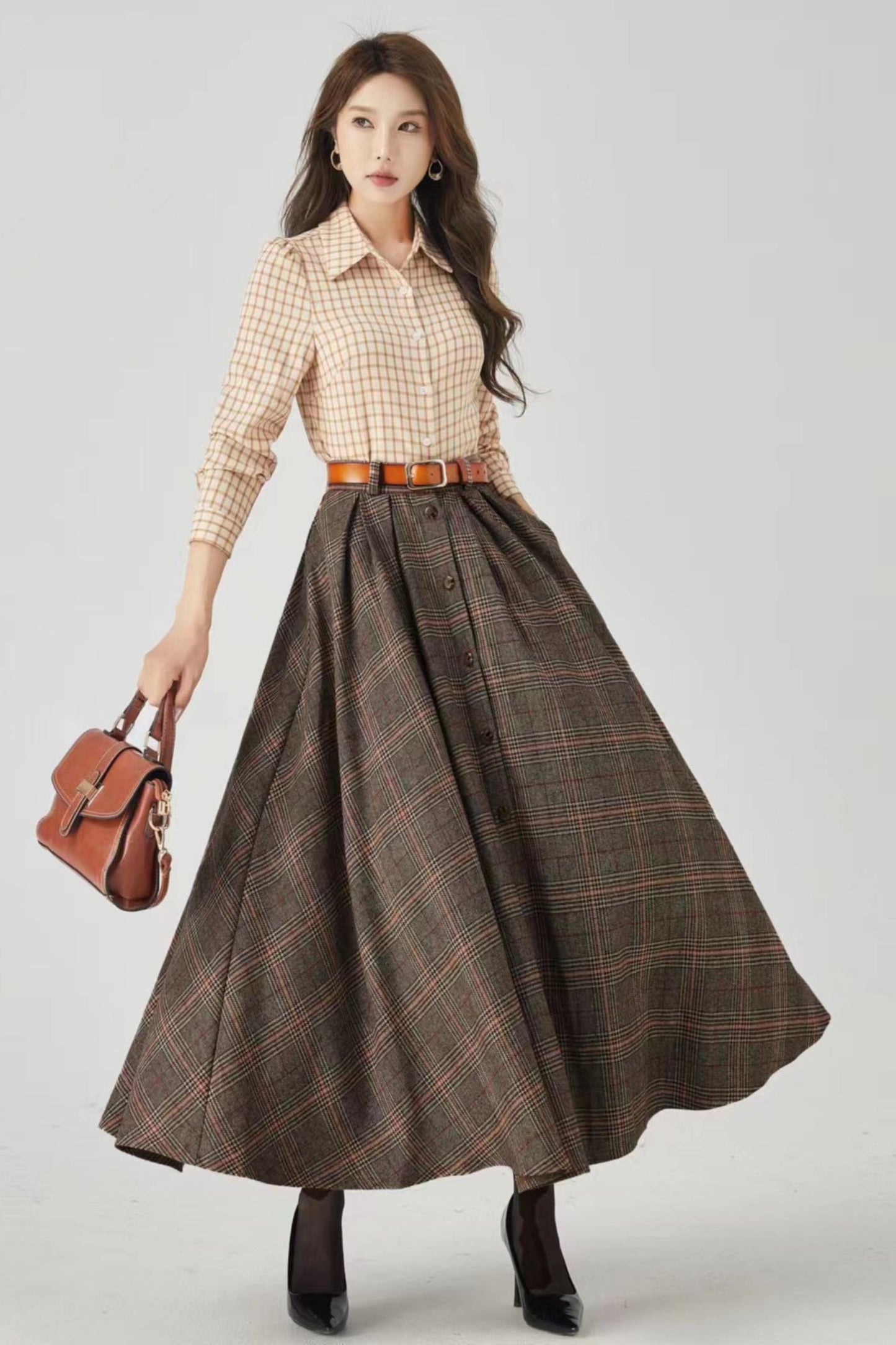 A line long wool plaid winter skirt 4536