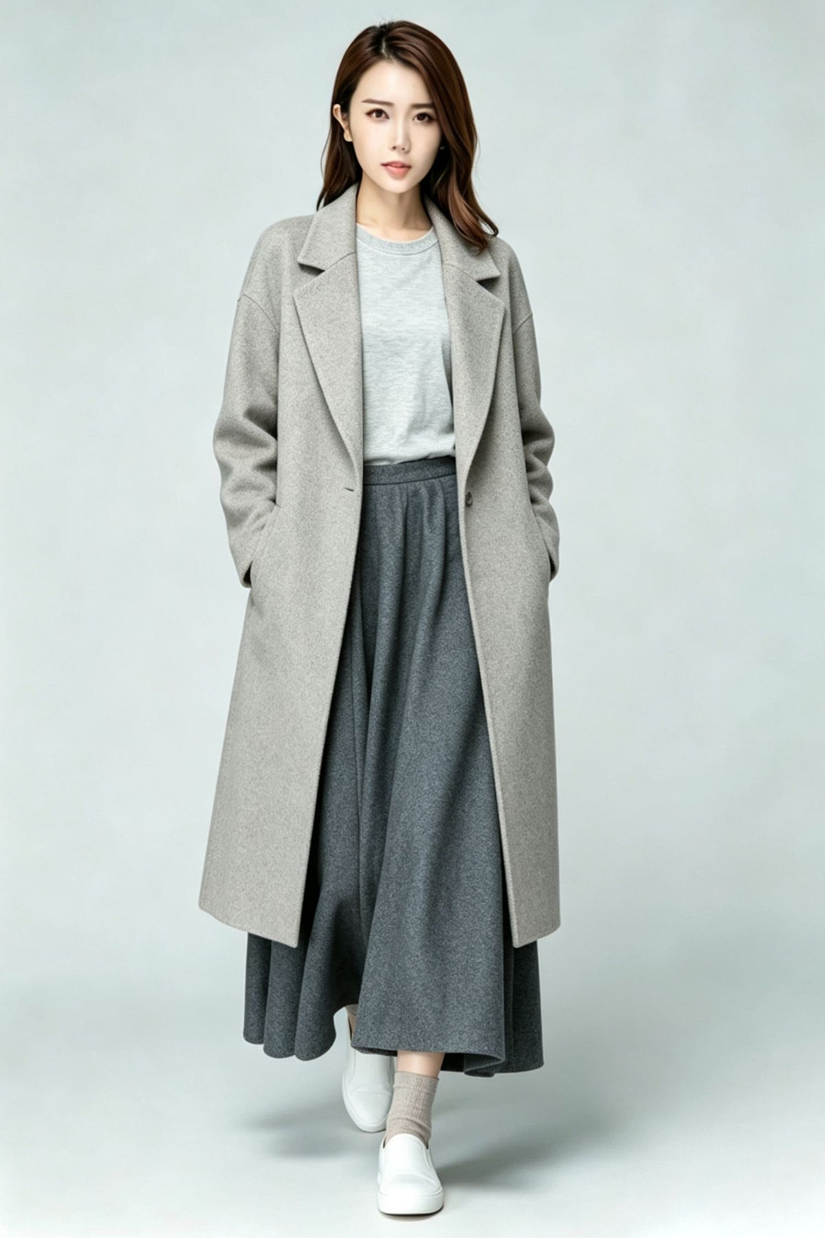 Grey Wool Blend Maxi Swing Skirt-High Waist Pleated Long Skrit 7012
