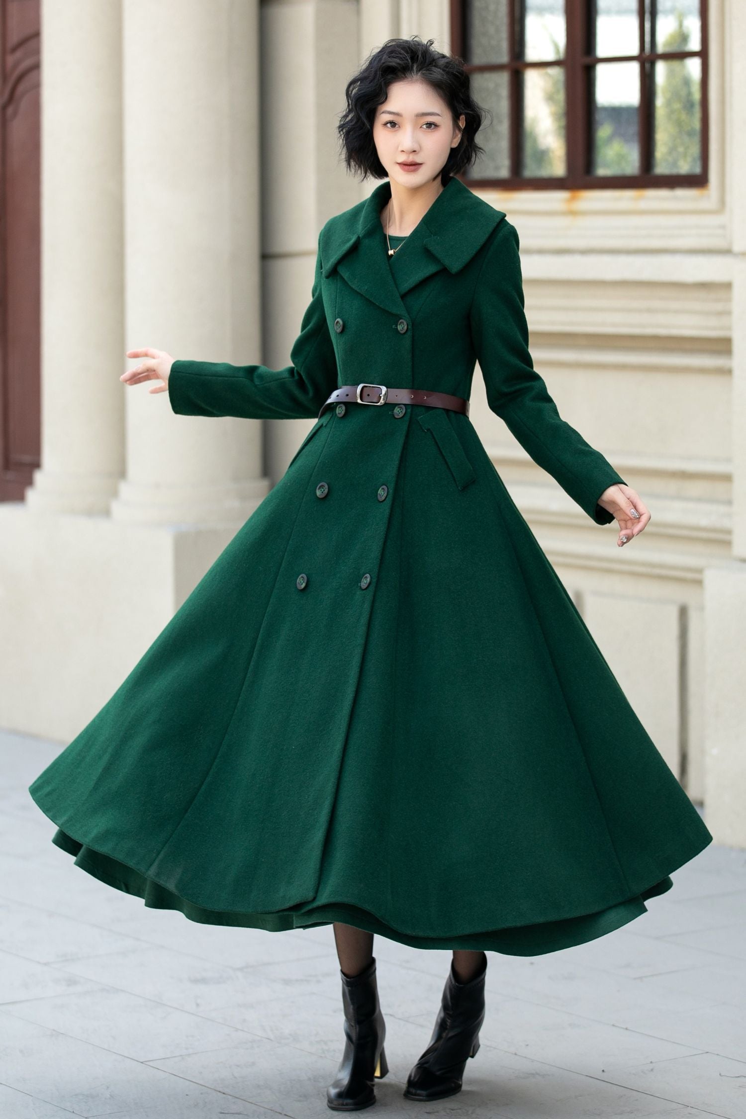 Elegant Winter Wool Coat Dark Green Double Breasted A-Line 5452 Green / XL Elegant Winter Wool Coat Dark Green Double Breasted A-Line 5452 Green / XL