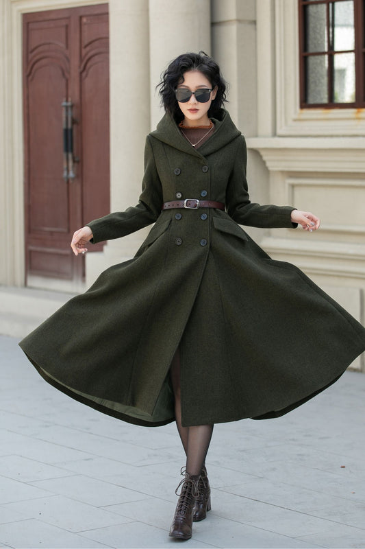 British Vintage Military Style Hooded Wool Coat for Women – Army Green Winter Overcoat 5461