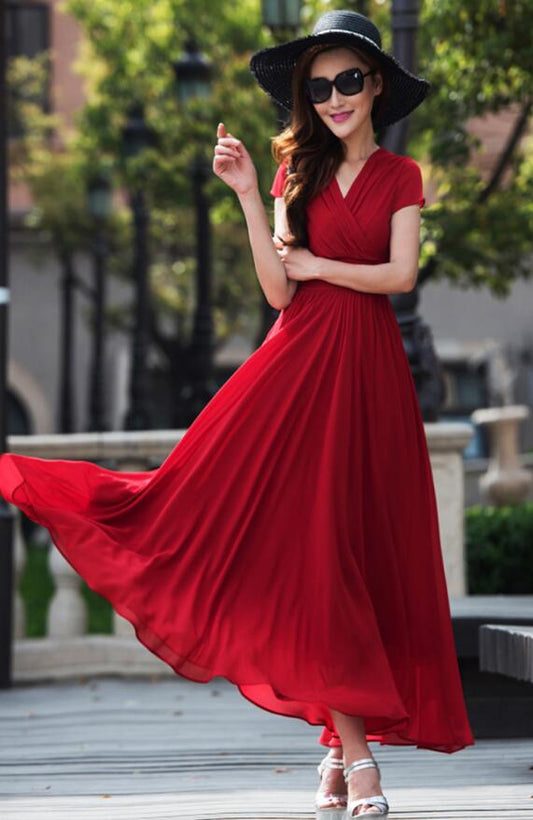 Chiffon Empire Waist Maxi Dress – Summer Evening Gown with Cap Sleeves 2618