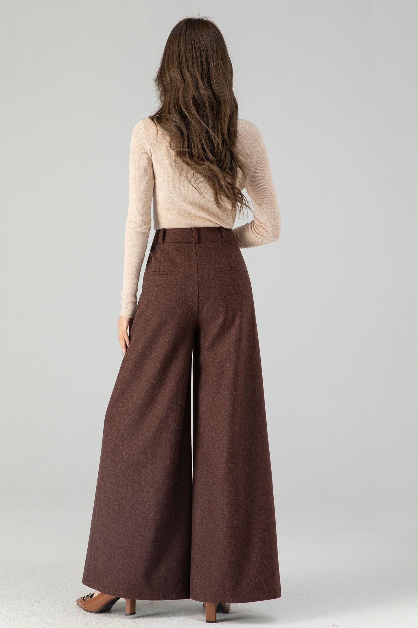 Brown Wool Blend Wide Leg Pants – Handmade High Waisted Winter Elegance 4554