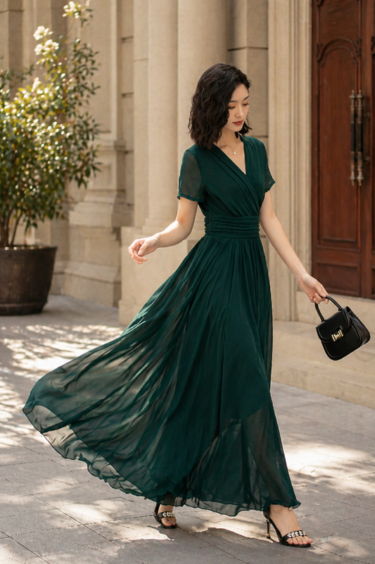 Dark Green Chiffon Maxi Dress – Handmade V Neck Swing Party Elegance 5114