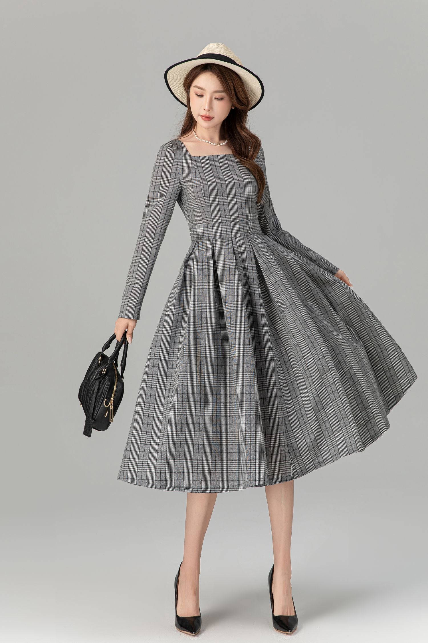 Spring plaid long sleeves swing linen dresses 4935 Xiaolizi Spring plaid long sleeves swing linen dresses 4935 Xiaolizi