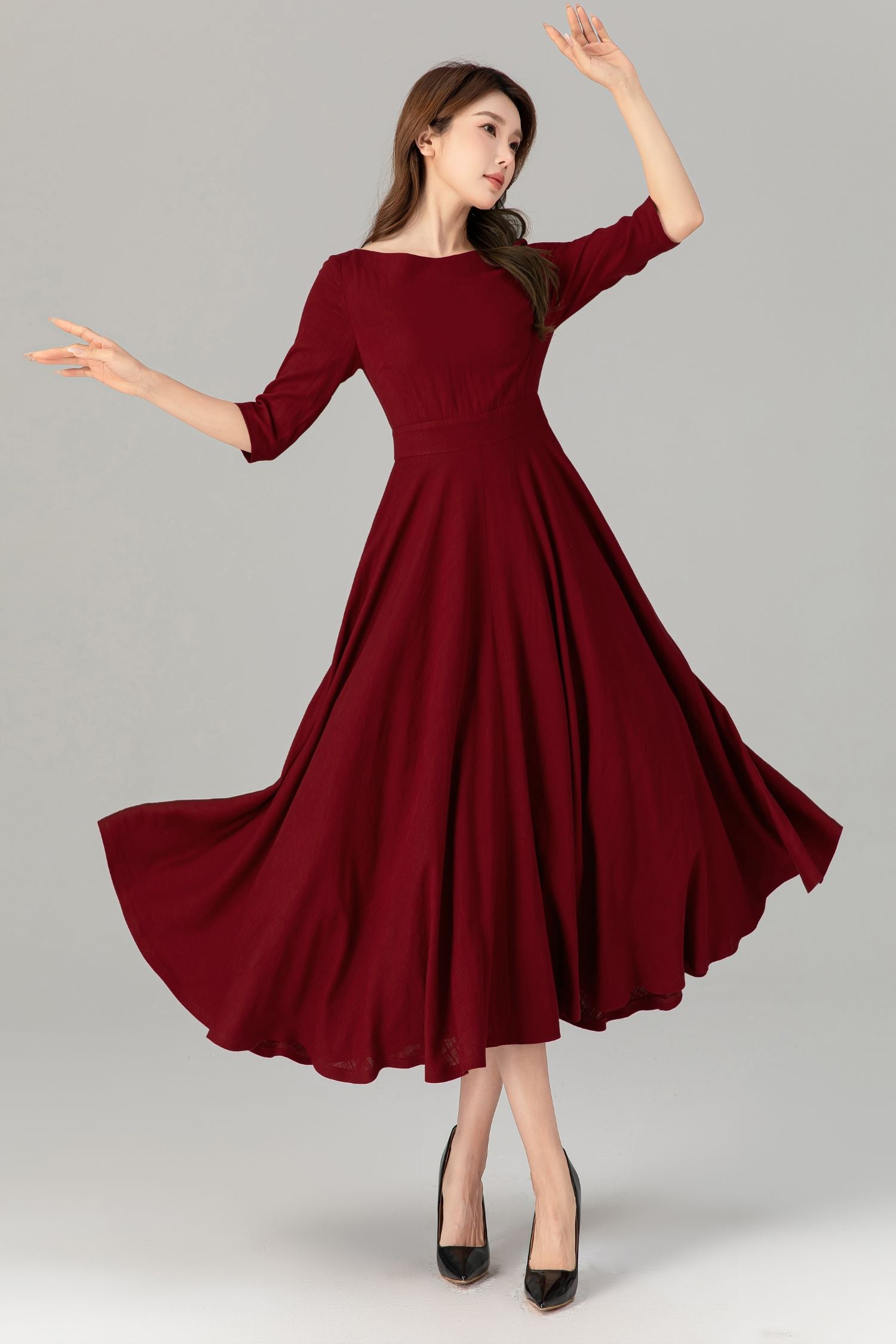 Burgundy Linen Midi Dress Handmade Romantic Fit & Flare for Garden Parties | Xiaolizi Burgundy / M Burgundy Linen Midi Dress Handmade Romantic Fit & Flare for Garden Parties | Xiaolizi Burgundy / M