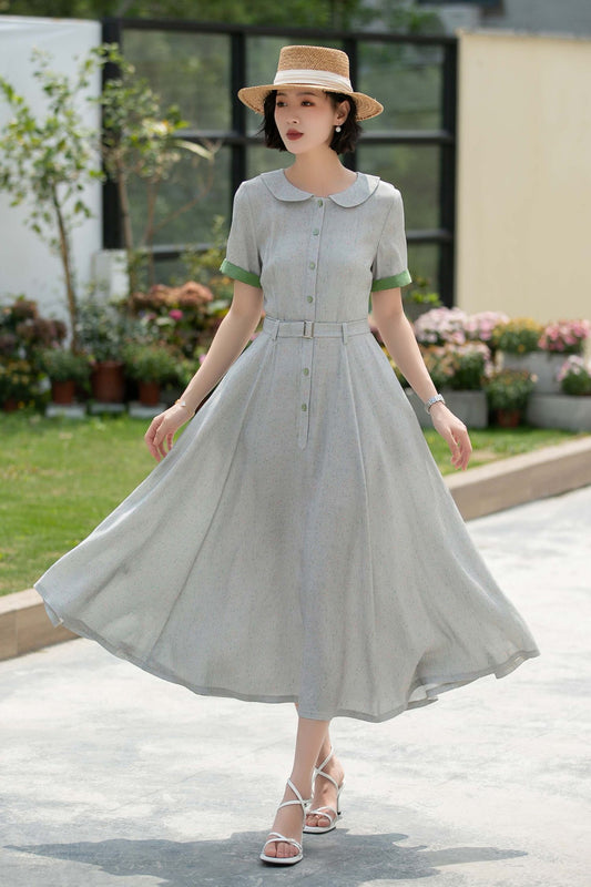 Grey midi Swing linen shirt Dress 5987