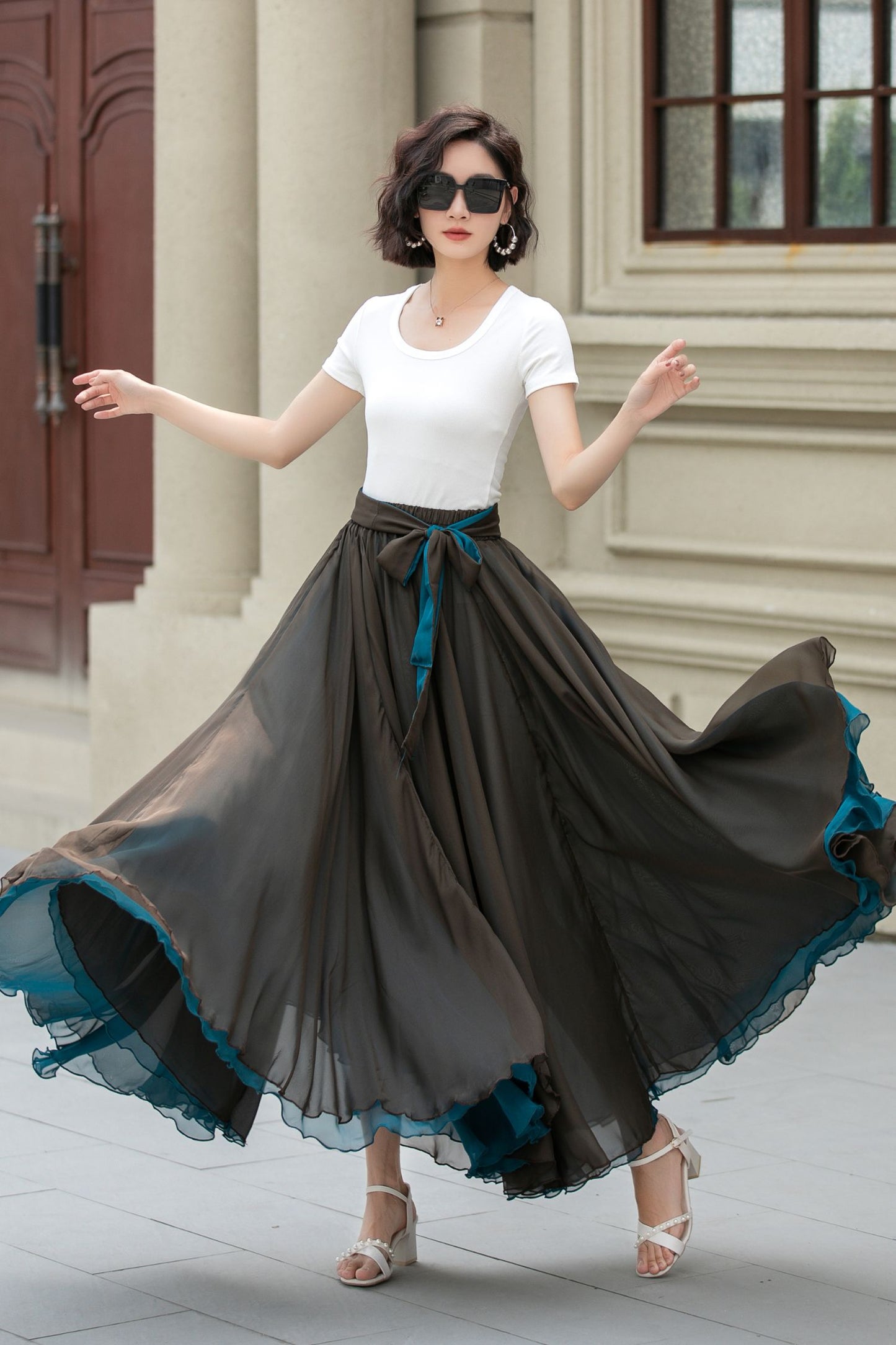 Reversible Chiffon Maxi Skirt – Two-Tone Swing Circle Skirt for Summer 5171