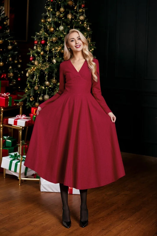 Vintage Wool Blend Midi Dress – Handmade Fit & Flare Winter Dress | Xiaolizi 5357